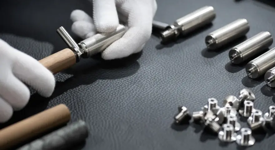 Mains gantées assemblant une ferrure de meuble. Des pièces métalliques et des vis sont disposées autour, suggérant comment enlever des ferrures sur un meuble.