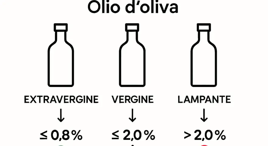 Olio d'oliva: extravergine (≤ 0,8%), vergine (≤ 2,0%), lampante (> 2,0%). L'olio di oliva non extravergine include le categorie vergine e lampante.