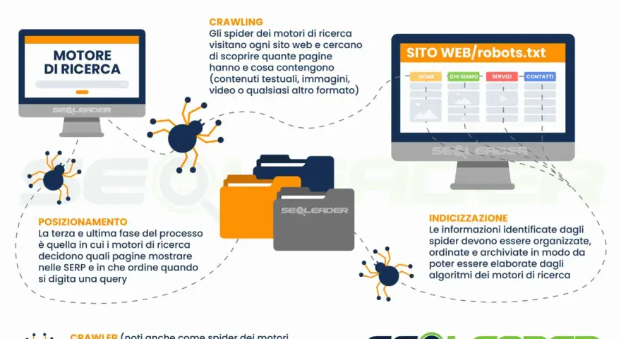 Spider dei motori di ricerca esplorano siti web, indicizzano contenuti e determinano il posizionamento per le query.