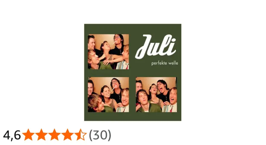 Vier Fotos von jungen Leuten, die Spaß haben, mit dem Bandnamen "Juli" und "perfekte Welle".