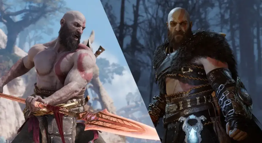 Kratos w zbroi i bez niej, gotowy do walki w God of War Ragnarök. Czy pojawi się w PS Plus?