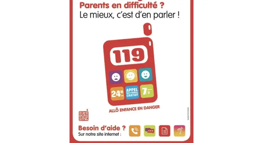 Affiche pour signaler enfant en danger. Le numéro 119 est mis en avant, avec des icônes pour le contact et l'aide.