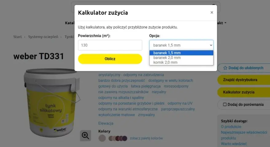 Kalkulator zużycia tynku silikonowego 25 kg. Wpisz powierzchnię 130 m² i wybierz opcję baranek 1,5 mm, aby obliczyć potrzebną ilość.