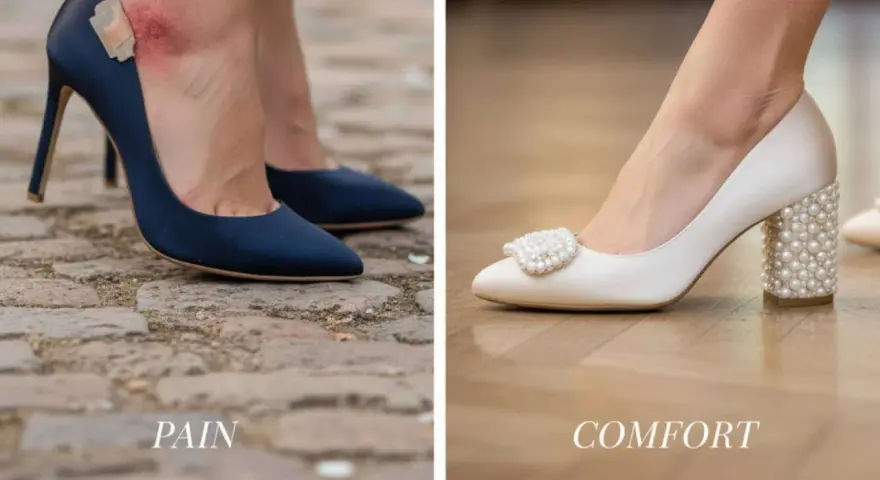Scarpe da cerimonia donna: un tacco blu con cerotto e vescica, contrapposto a un elegante modello bianco con perle, che promette comfort.