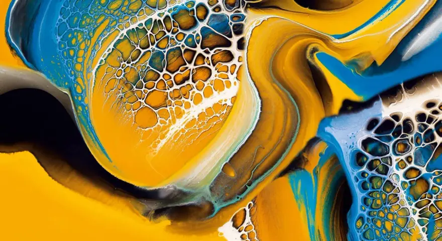Vibrant yellow, blue, and white paint swirls create a mesmerizing cellular pattern, a testament to the ultimate pouring technique.