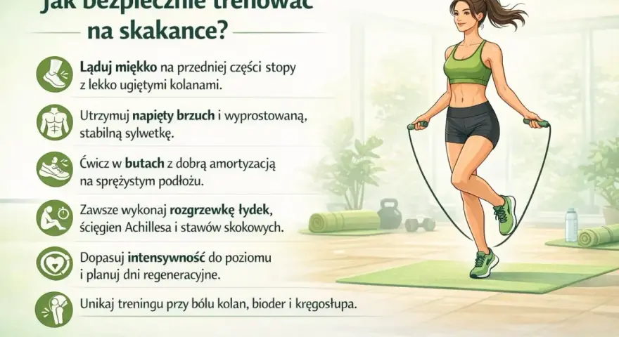 Kobieta ćwiczy skakanie na skakance, dbając o prawidłową technikę i bezpieczeństwo.