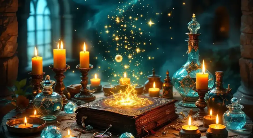 Stary księgozbiór, świece i magiczne mikstury tworzą atmosferę tajemnicy, jakby szukano tu odpowiedzi, jak odczynić urok.