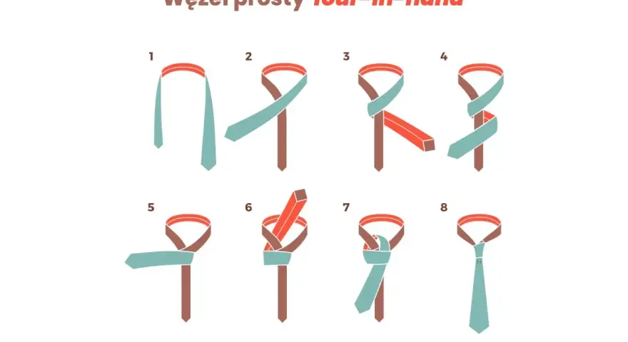 Ilustracja pokazuje osiem kroków, jak zawiązać prosty węzeł na krawacie.