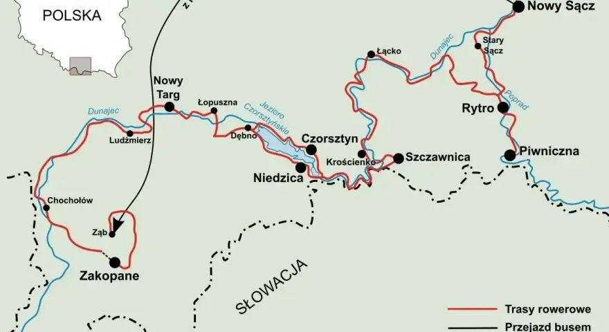 Mapa tras rowerowych wzdłuż Dunajca, od Zakopanego po Nowy Sącz, z zaznaczonymi miejscowościami i jeziorami.
