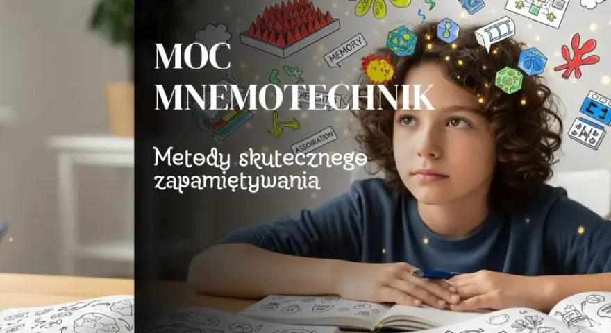 Chłopiec z burzą mózgów pełną symboli, odkrywa moc mnemotechnik. Skuteczne zapamiętywanie staje się łatwiejsze.
