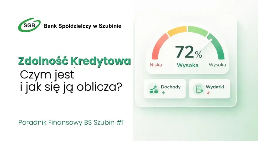 Zdolność kredytowa: jak obliczyć? Wykres pokazuje 72%, dochody i wydatki. Poradnik finansowy BS Szubin.