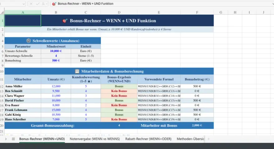 Excel-Tabelle zeigt Bonusberechnung mit WENN+UND-Funktion. Mitarbeiter erhalten Bonus nur bei Erreichen von Umsatz und Kundenzufriedenheit.