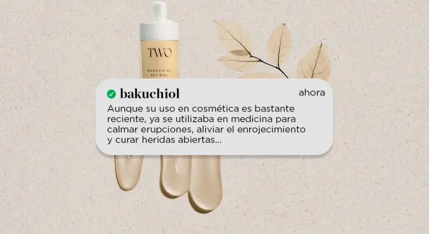 Gotero con sérum de bakuchiol. El texto indica que el bakuchiol con que no mezclar es importante para su uso en cosmética.