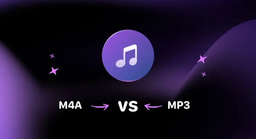 Porównanie formatów audio: M4A vs MP3. Ikona nuty symbolizuje muzykę.