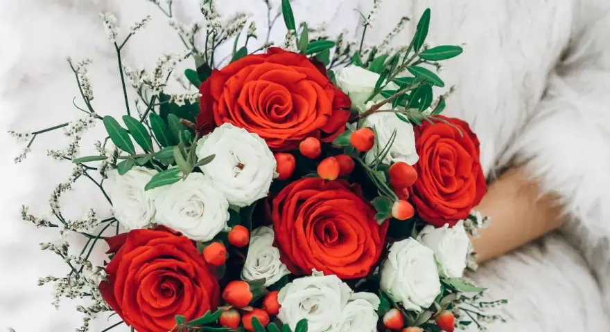 Un ramo de rosas rojas y blancas, adornado con bayas rojas y delicadas flores blancas, evoca la belleza de las flores de febrero.