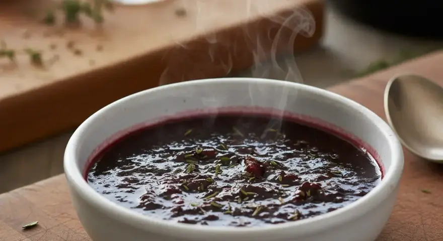 Un bol fumant de sauce marchand de vin, garnie d'herbes, prête à accompagner un plat savoureux.