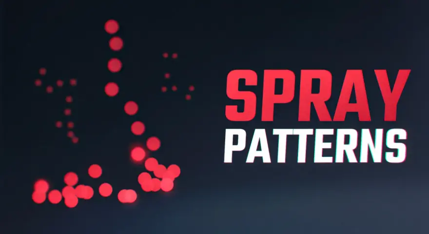 Czerwone kropki tworzą wzory, jakby po strzałach z AK-47. Napis "SPRAY PATTERNS" sugeruje analizę rozrzutu.