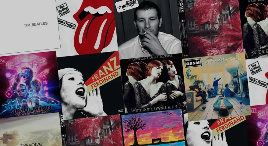 Collage d'albums de groupes de rock anglais actuels : The Beatles, Arctic Monkeys, Franz Ferdinand, Oasis, Florence + The Machine, The Rolling Stones, Foals, The Verve, Stereophonics.