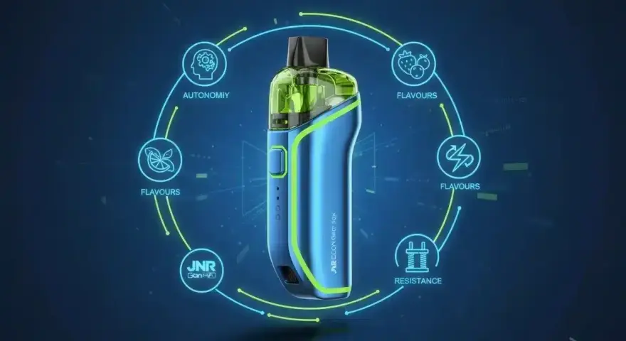 Vape azul y verde con iconos de sabores, autonomía y resistencia. Un dispositivo para disfrutar de tu squonk favorito.