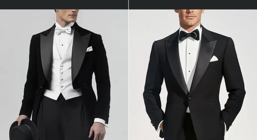 Uomo con smoking nero e papillon nero, pronto per un evento formale.