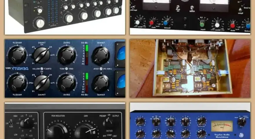 Różne urządzenia audio, w tym multiband compressor, z gałkami i wskaźnikami.