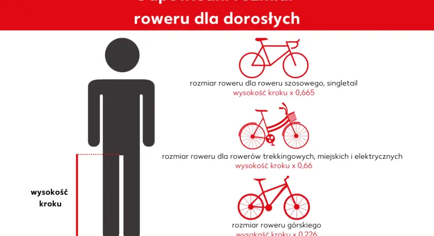 Wykres pokazuje, jak dobrać rozmiar ramy roweru dla dorosłych, mnożąc wysokość kroku przez odpowiedni współczynnik dla rowerów szosowych, trekkingowych lub górskich.