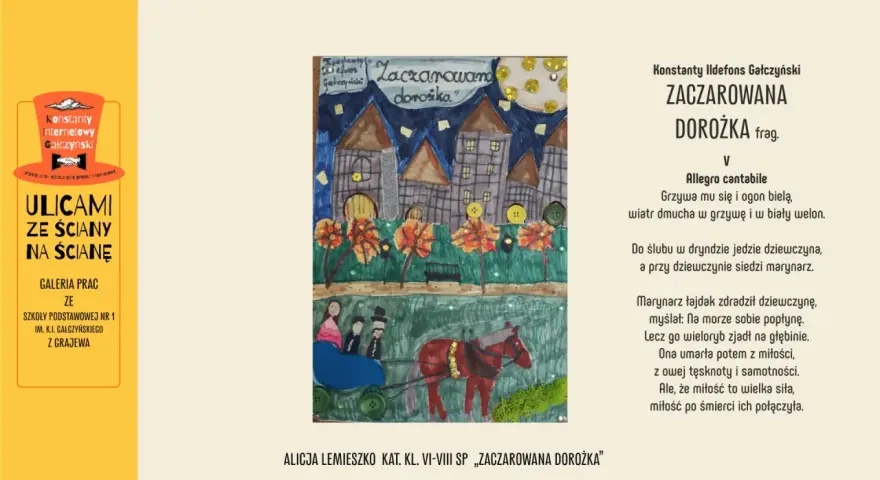 Ilustracja do wiersza Gałczyńskiego "Zaczarowana dorożka". Widać dorożkę z parą, nocne miasto i księżyc.