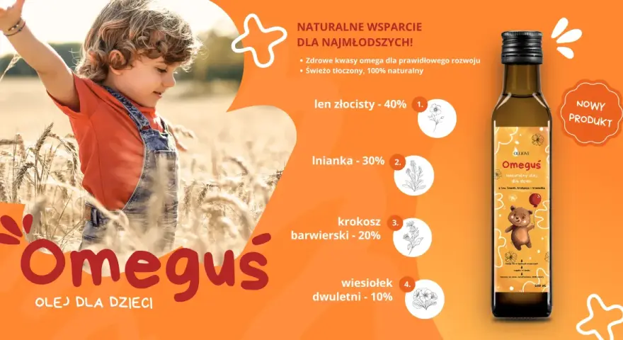 Szukasz idealnego **jaki olej dla niemowlaka**? Omegus to naturalny olej dla dzieci z lnu, inianki, krokosza i wiesiołka, wspierający rozwój.