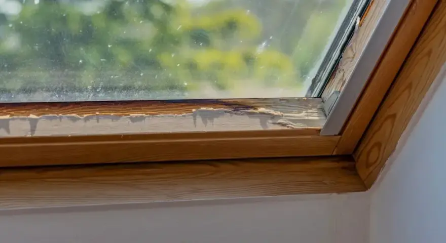 Damaged wooden frame of a skylight showing signs of water damage, indicating a need for skylight leak repair.