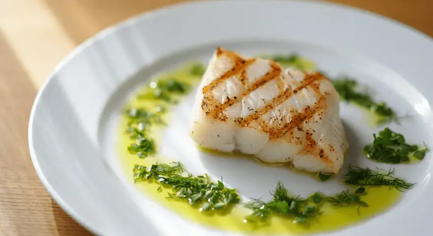 Un delicioso bacalao a la plancha, con marcas doradas y servido sobre un plato blanco con aceite de oliva y hierbas frescas picadas.
