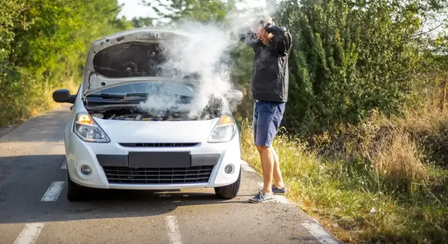 Rozbiegany diesel dymi spod maski. Zrezygnowany kierowca łapie się za głowę na poboczu.