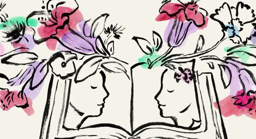 Ilustracja przedstawia otwartą książkę, z której wyrastają kwiaty. Po bokach książki widnieją profile dwóch osób.
