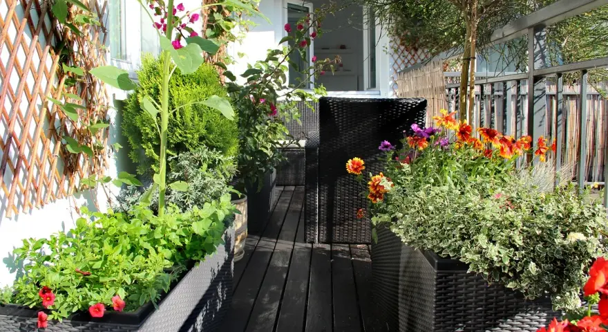 Un vibrante huerto urbano en un balcón, con girasoles, flores coloridas y plantas verdes en macetas.