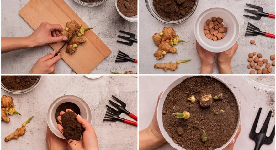 Pasos para plantar jengibre: cortar trozos, añadir arcilla expandida y tierra, y colocar los rizomas en la maceta para que germinen.