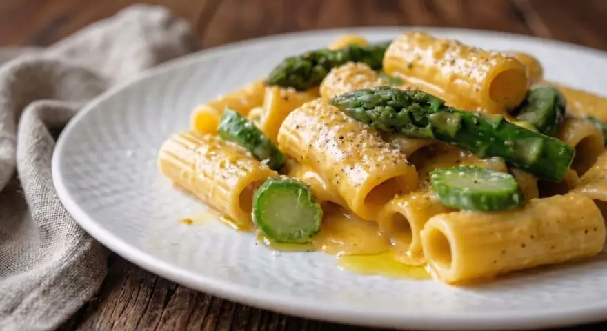 Rigatoni cremosi con asparagi freschi, un'interpretazione primaverile della carbonara di asparagi.