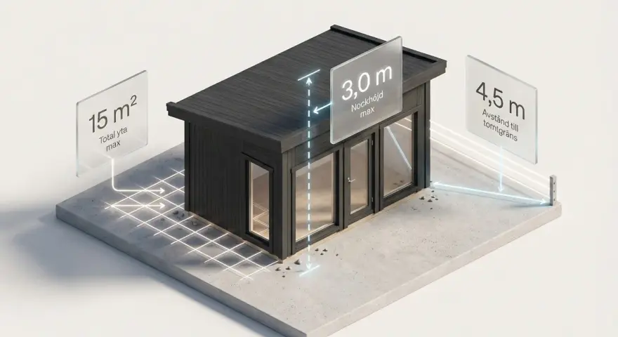 En illustration som visar en friggebod med mått för att bygga redskapsbod: max 15 m² total yta, 3 m nockhöjd och 4,5 m avstånd till tomtgräns.
