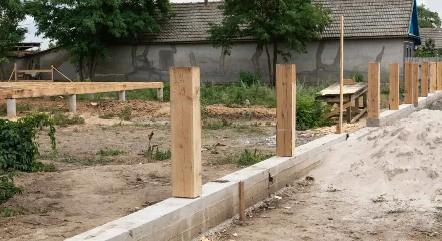 Budowa fundamentu pod ogrodzenie: betonowy murek, drewniane słupki i piasek.