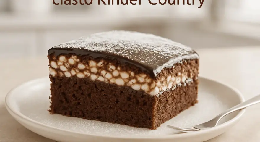 Pyszne ciasto Kinder Country z czekoladowym biszkoptem, kremem i polewą. Idealne na deser!