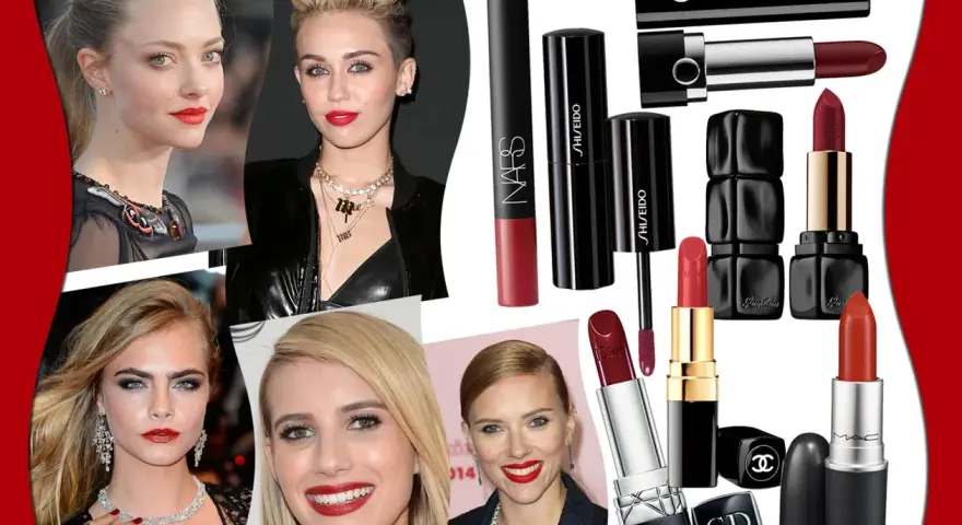 Rossetti per bionde occhi marroni: Amanda Seyfried, Miley Cyrus, Cara Delevingne, Emma Roberts e Scarlett Johansson sfoggiano labbra rosse.
