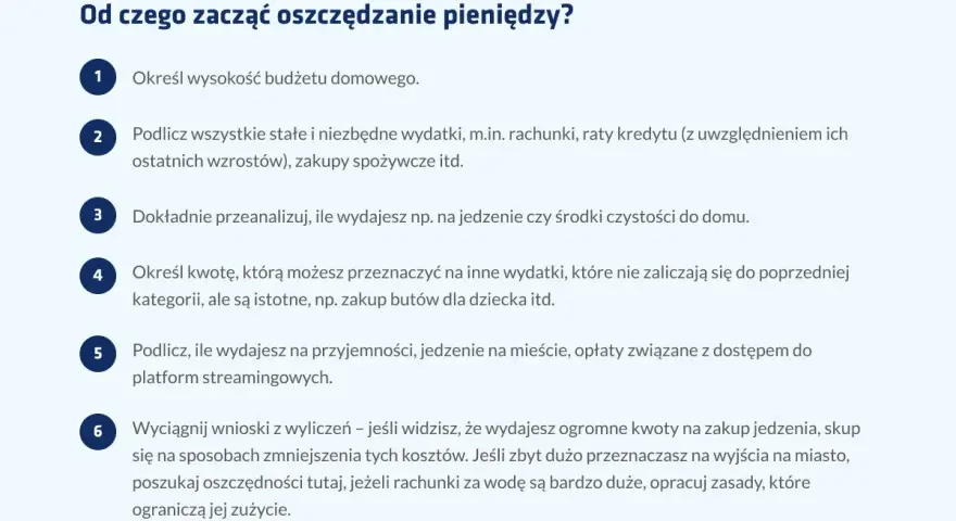 Jak nauczyć się oszczędzać? Lista kroków: budżet, stałe wydatki, analiza bieżących kosztów, inne wydatki, przyjemności, wnioski i optymalizacja.