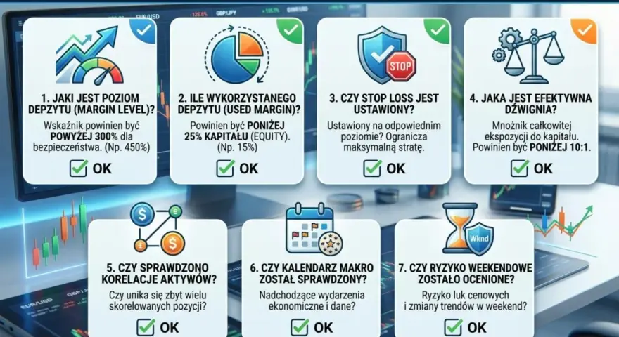 Checklista dla brokera giełda: 7 pytań przed otwarciem pozycji z dźwignią, dotyczących poziomu depozytu, stop loss, korelacji aktywów i ryzyka.