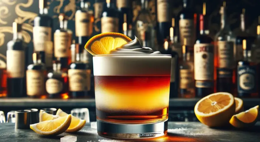 Elegancki drink New York Sour z pianką i plasterkiem pomarańczy, na tle półki z butelkami alkoholu.