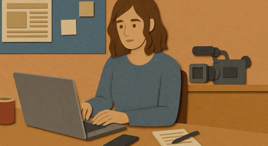 Donna al lavoro giornalista, digita al laptop, con videocamera e fogli appunti.