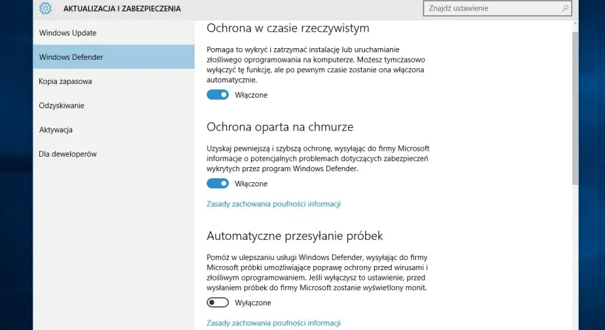 Ustawienia Windows Defender: ochrona w czasie rzeczywistym, oparta na chmurze i automatyczne przesyłanie próbek. Możliwość tymczasowego wyłączenia funkcji.