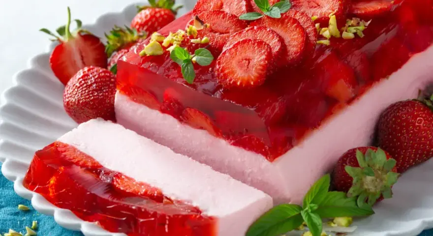 Letnie ciastka z galaretką i truskawkami, ozdobione miętą i pistacjami. Idealne na upalne dni!