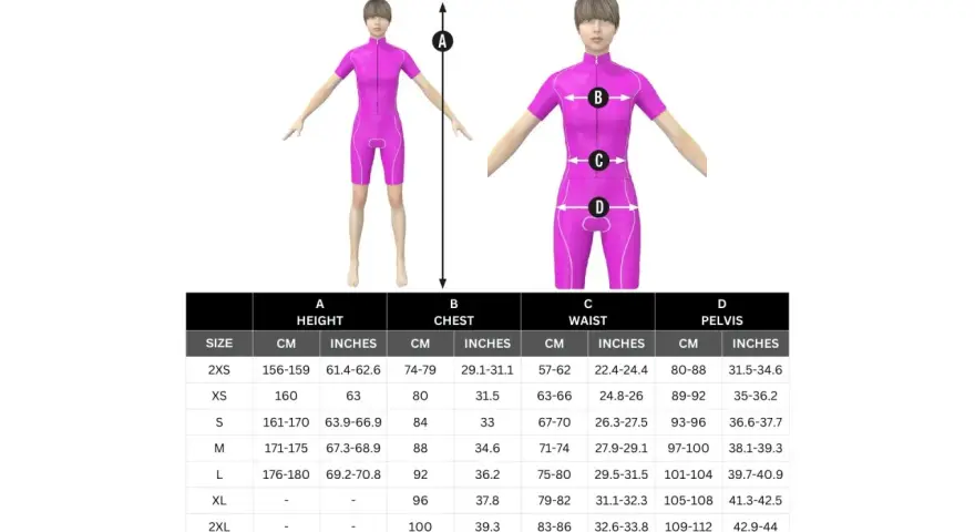 Guida alle taglie per abbigliamento sportivo: scegli la tua vestibilità regolare consultando le misure di altezza, petto, vita e bacino.