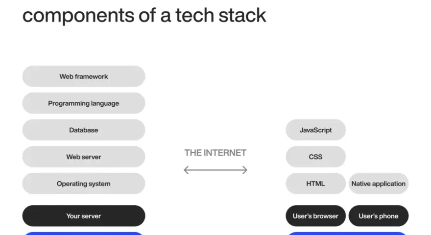 Server- und Client-seitige Komponenten einer Web-Applikation: Web-Framework, Programmiersprache, Datenbank, Webserver, Betriebssystem auf der Serverseite; JavaScript, CSS, HTML, native App auf der Clientseite.