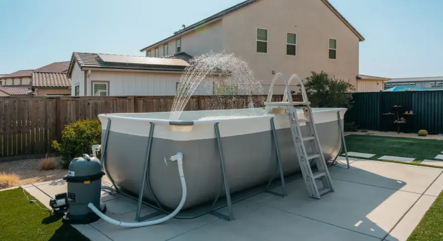 Above ground pool installation in progress, with water spraying from the filter system. A ladder is attached, ready for summer fun.