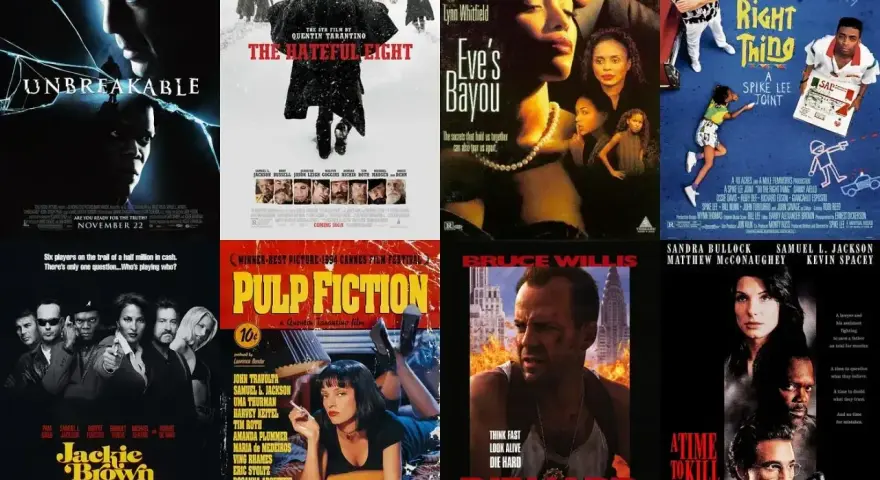 Kolaż plakatów filmowych z Samuel L. Jacksonem: "Unbreakable", "The Hateful Eight", "Eve's Bayou", "Do the Right Thing", "Jackie Brown", "Pulp Fiction", "Die Hard with a Vengeance", "A Time to Kill".