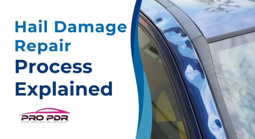 Close-up of a blue car with significant hail damage on the roofline, showing multiple dents. Text reads "Hail Damage Repair Process Explained.